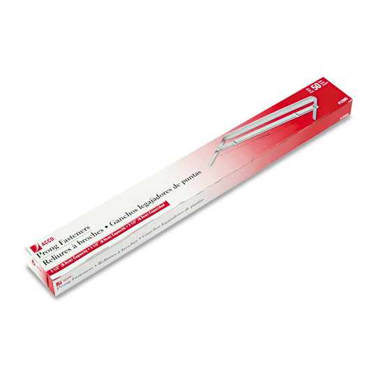 ACCO Standard Two-Piece Two-Prong Paper Fastener Base and Compressor Sets, 3.5" Capacity, 8.5" Center to Center, Silver, 50/Box