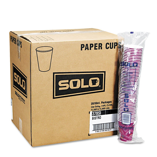 Dart Solo Paper Hot Drink Cups in Bistro Design, 12 oz, Maroon, 50/Bag, 20 Bags/Carton