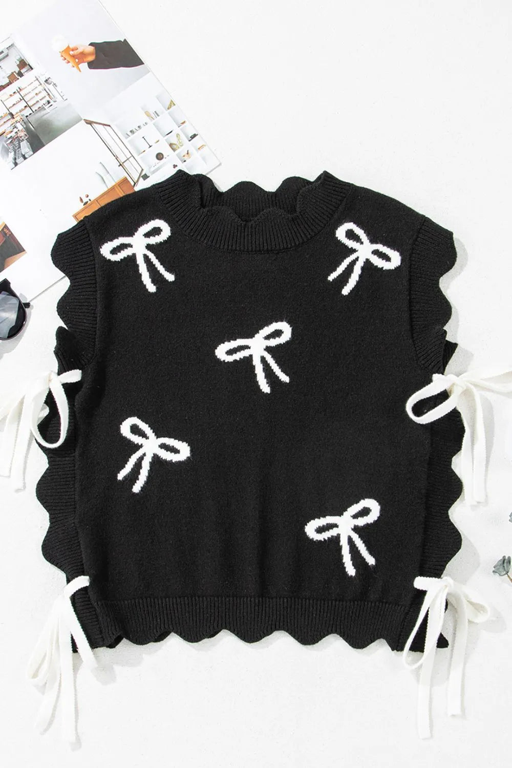 Bow Side Ties Scalloped Hem Cap Sleeve Sweater