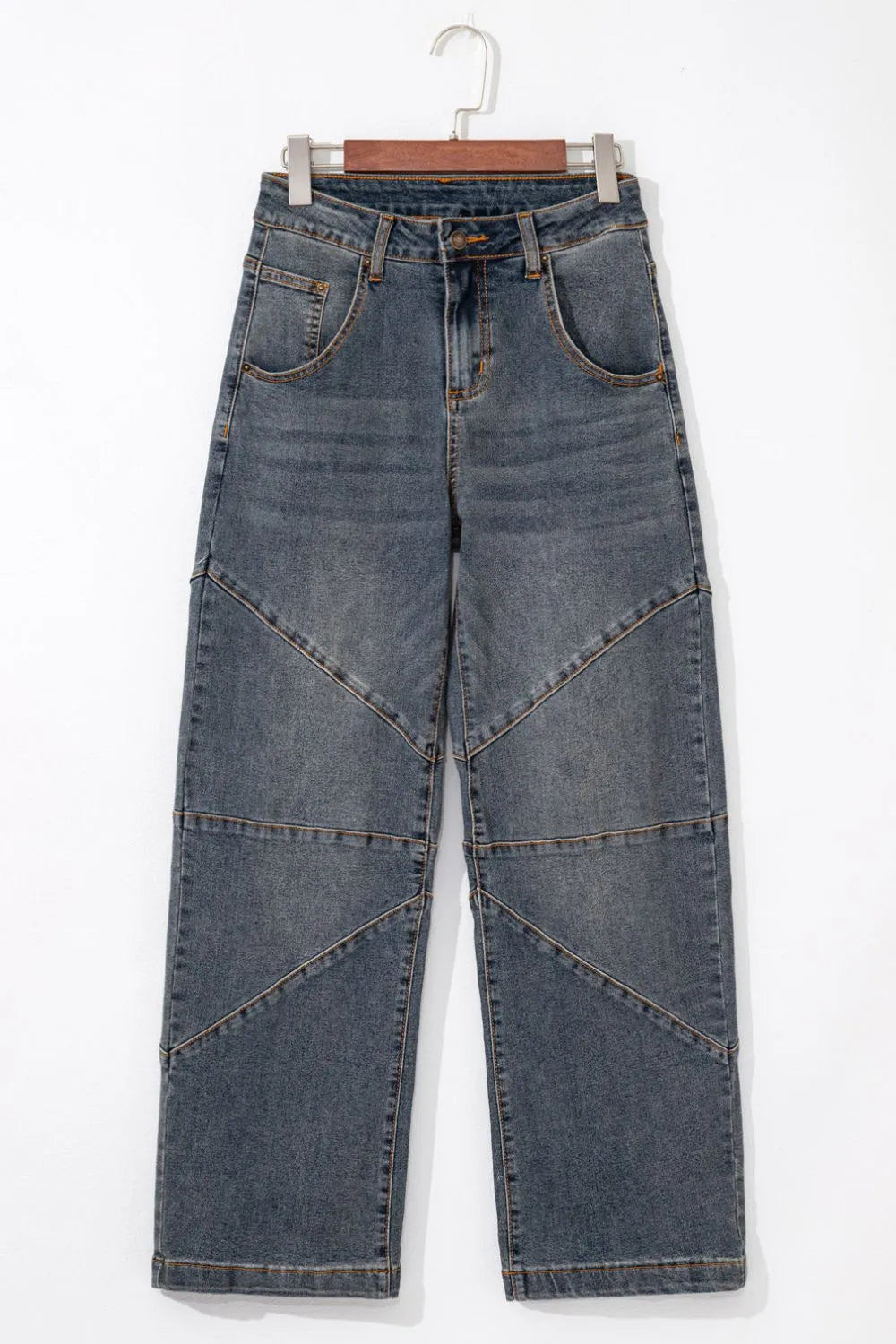 Exposed Stitching Loose Straight High Waist Jeans