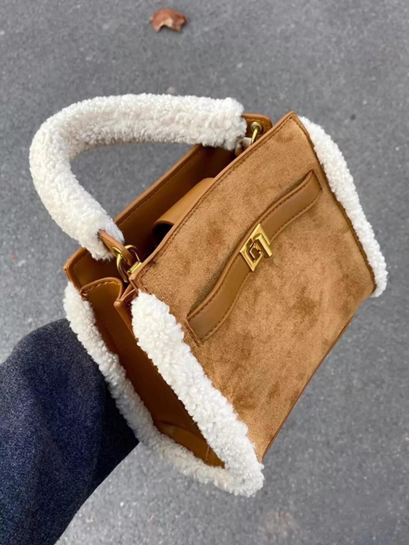 Sherpa Trim Suede Crossbody Bag