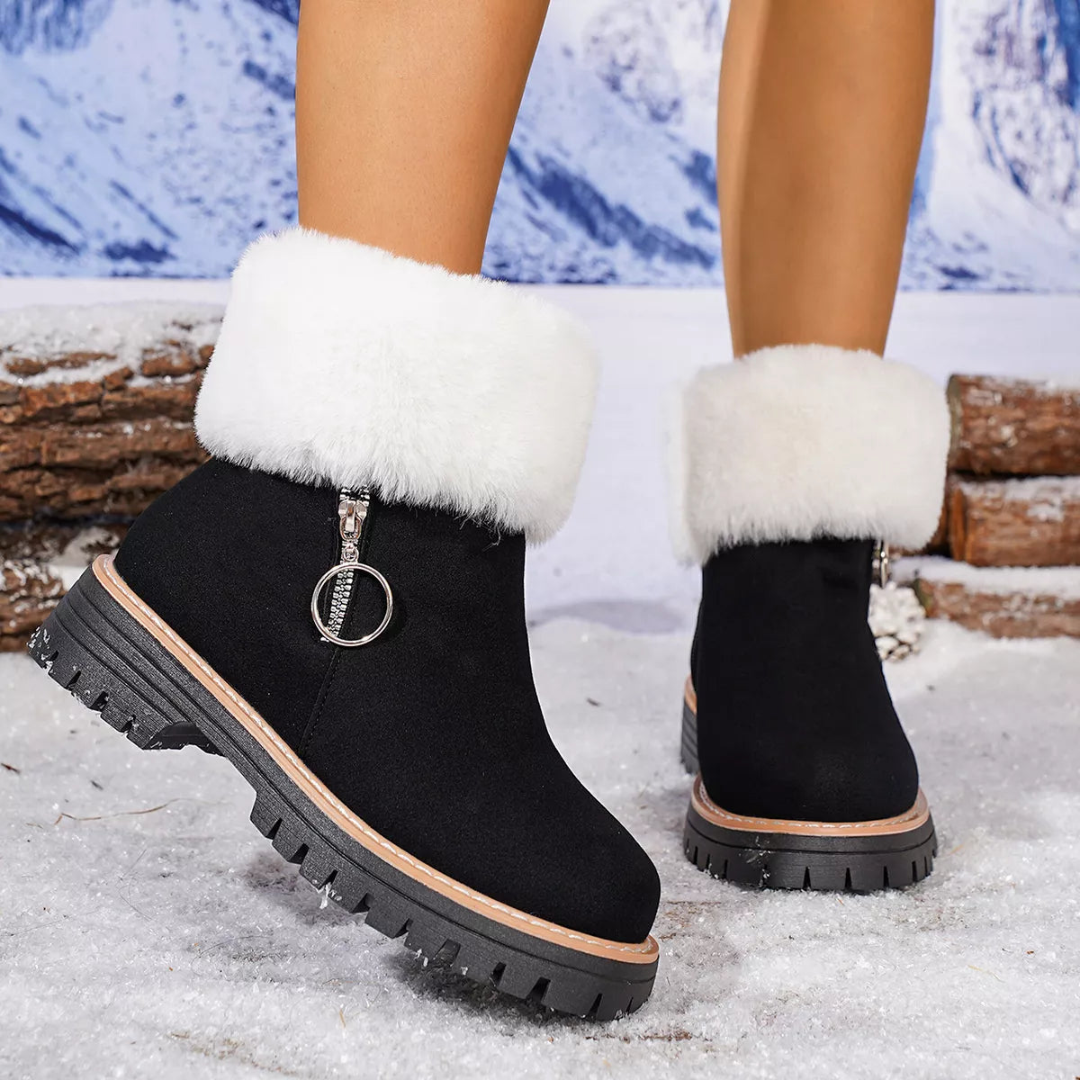 Fuzzy Ankle Boots with Zipper Detail