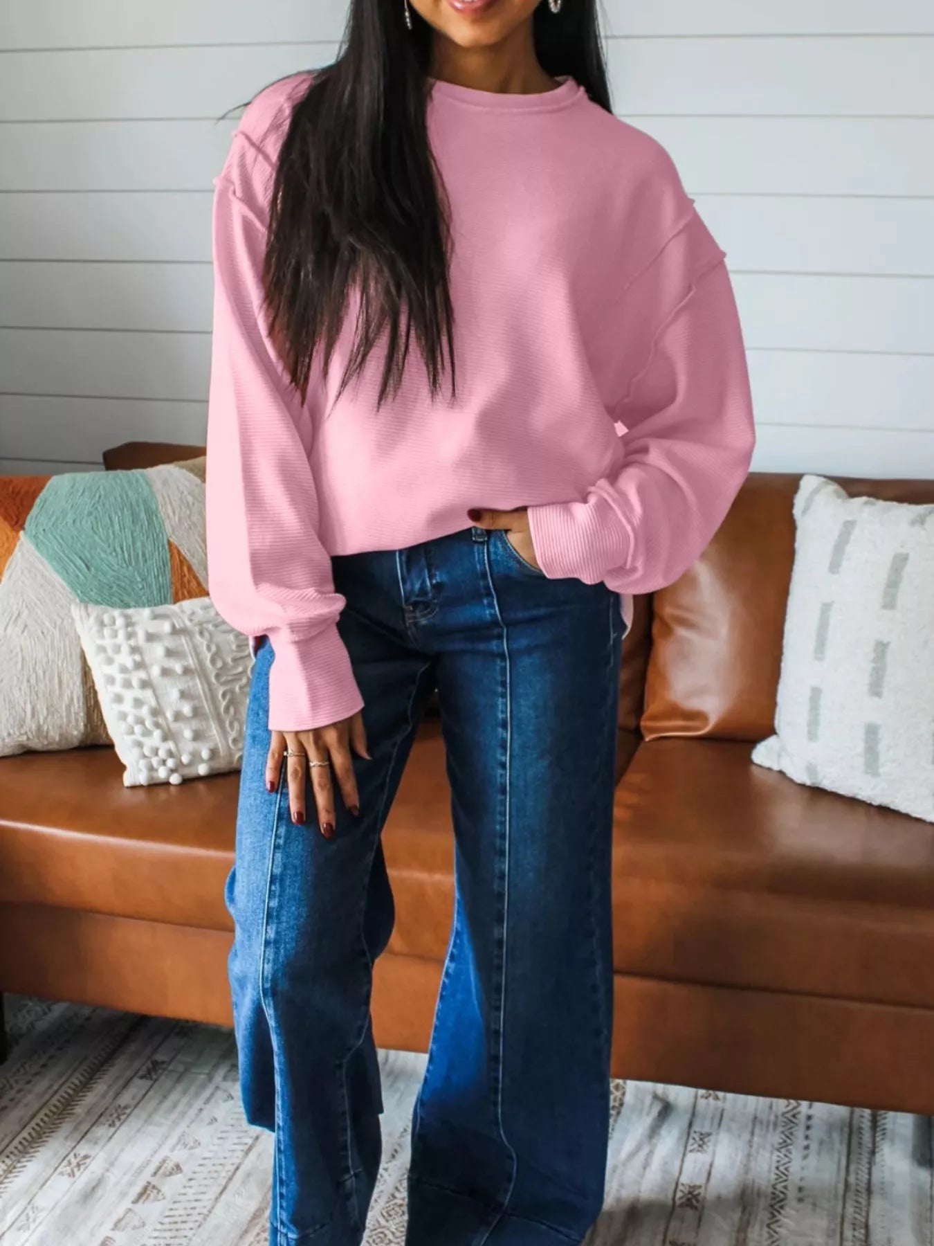 Horizontal Ribbed Exposed Seam Detail Drop Shoulder Baggy Pullover