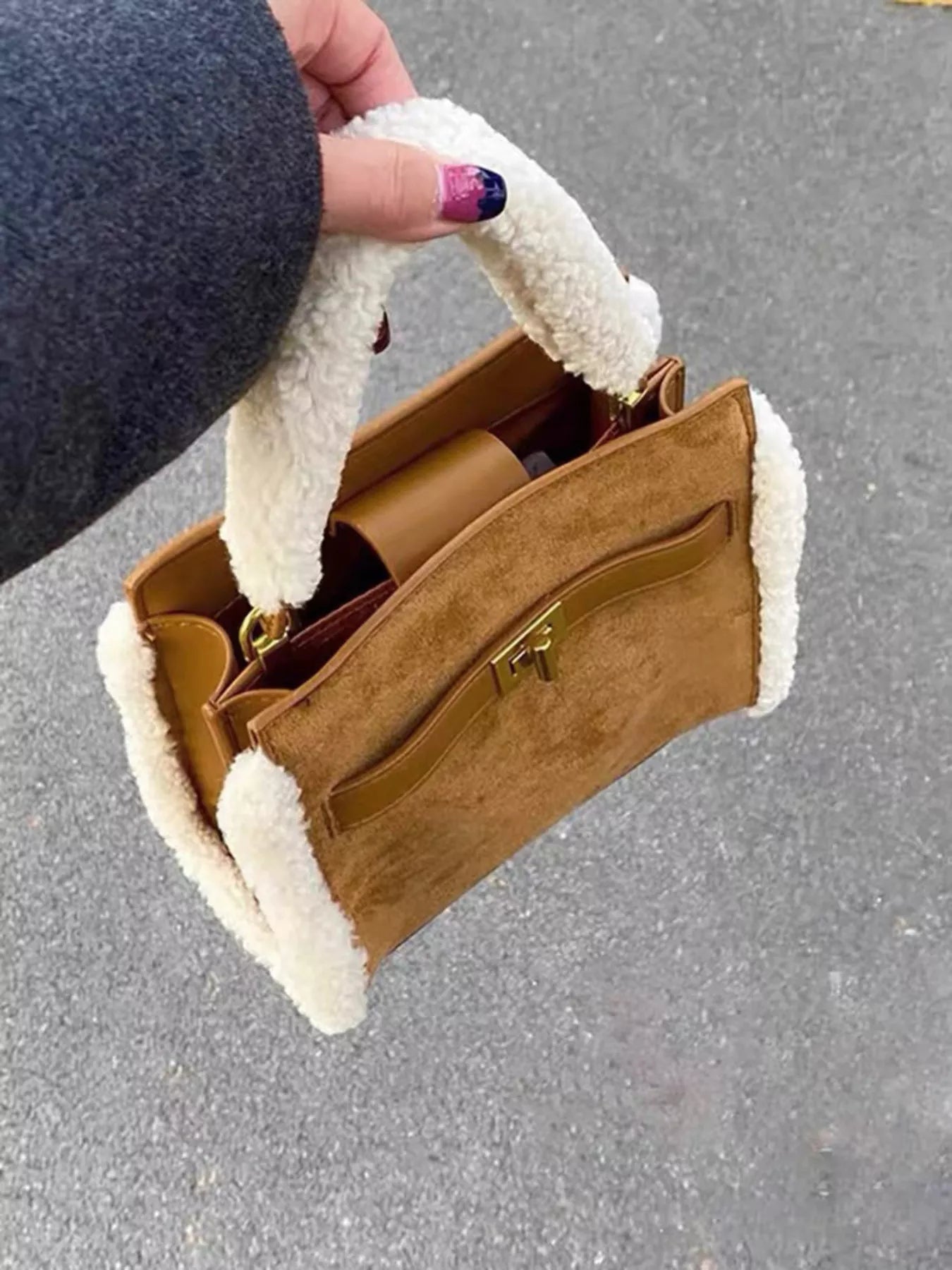 Sherpa Trim Suede Crossbody Bag