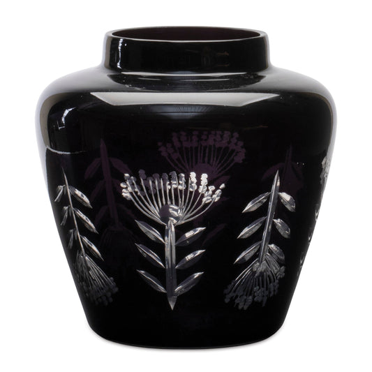 Etched Soda Lime Glass Urn Vase 6.5"D