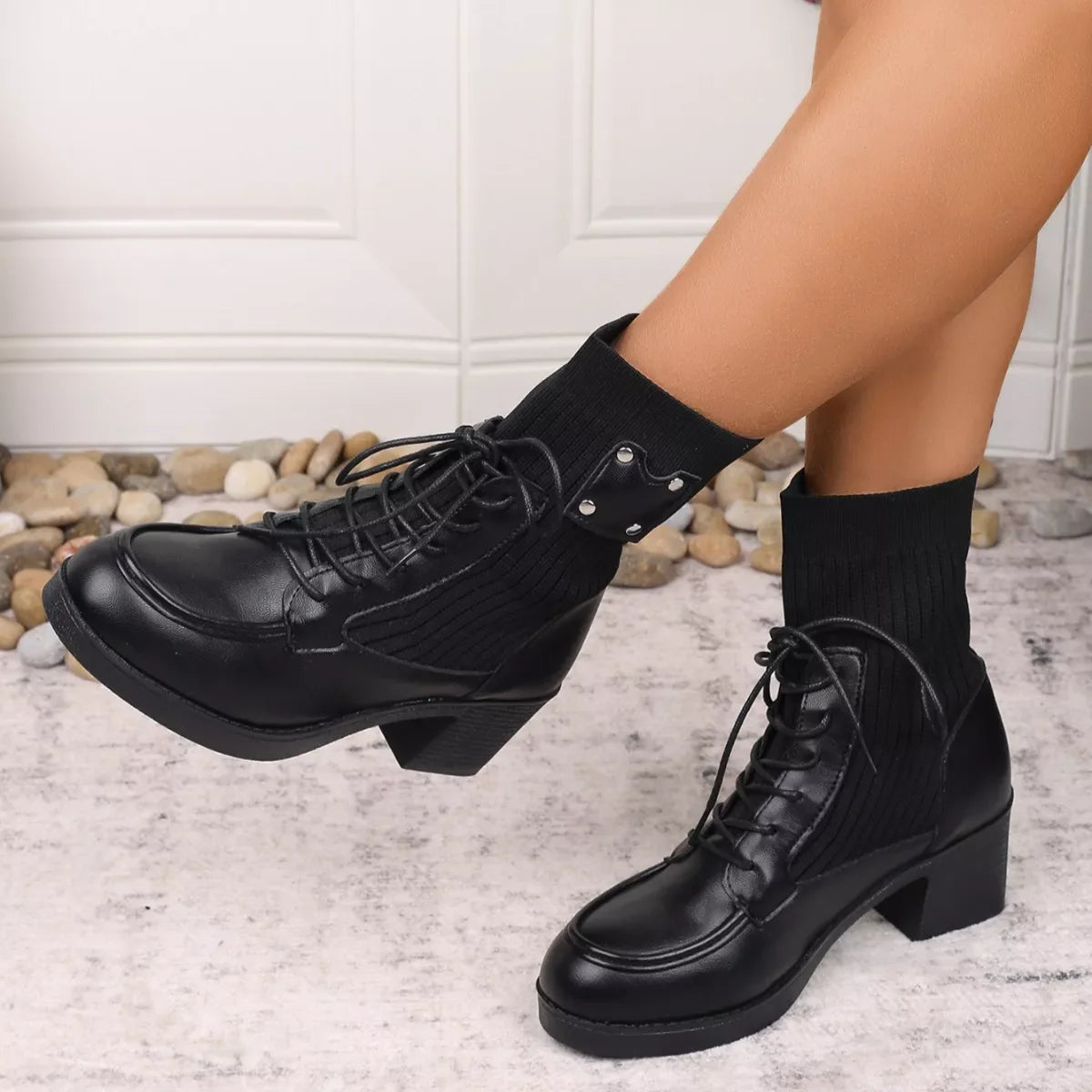 Lace Up Block Heels Boots