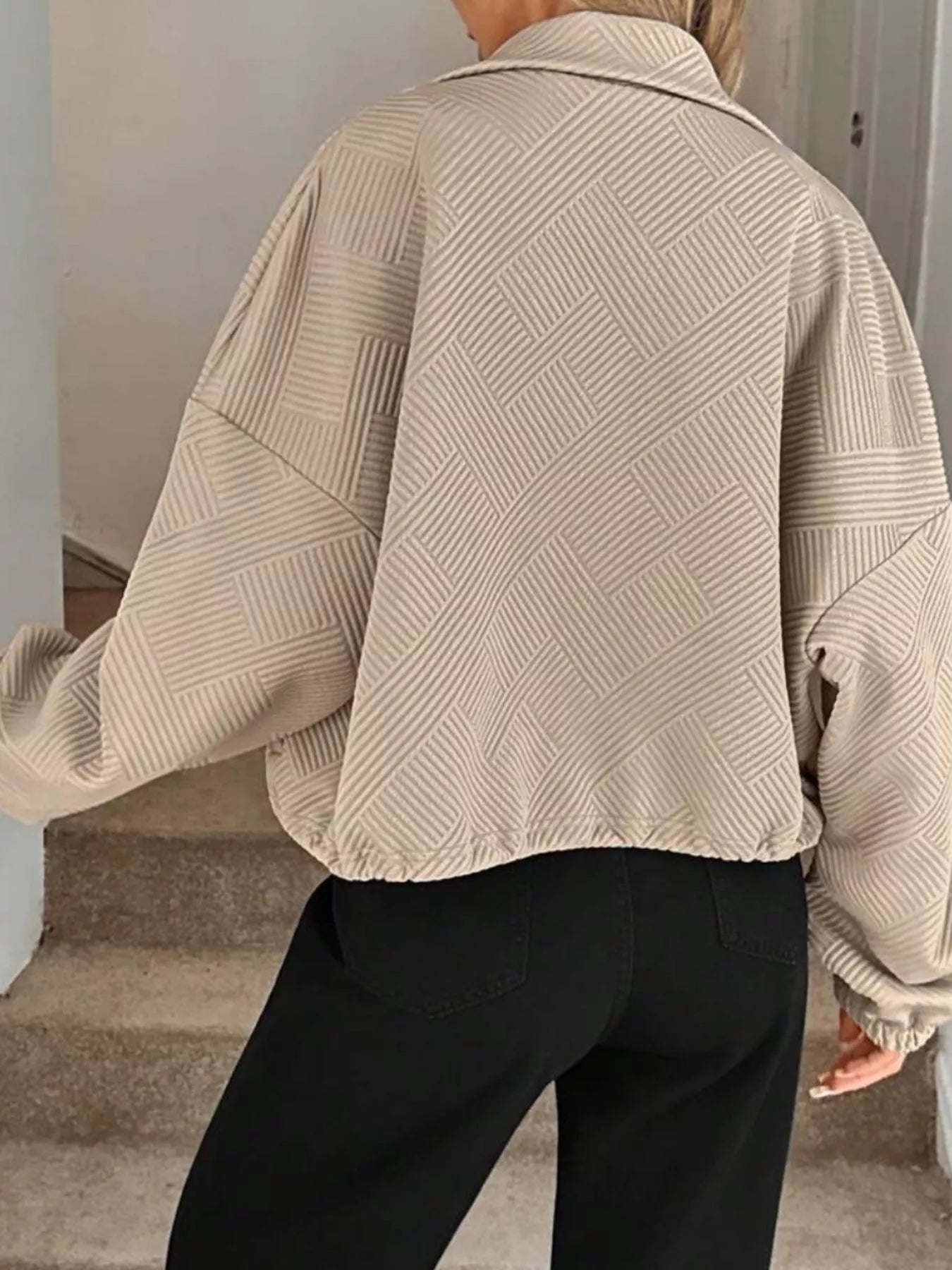 Textured Zip-Up Drawstring Hem Jacket