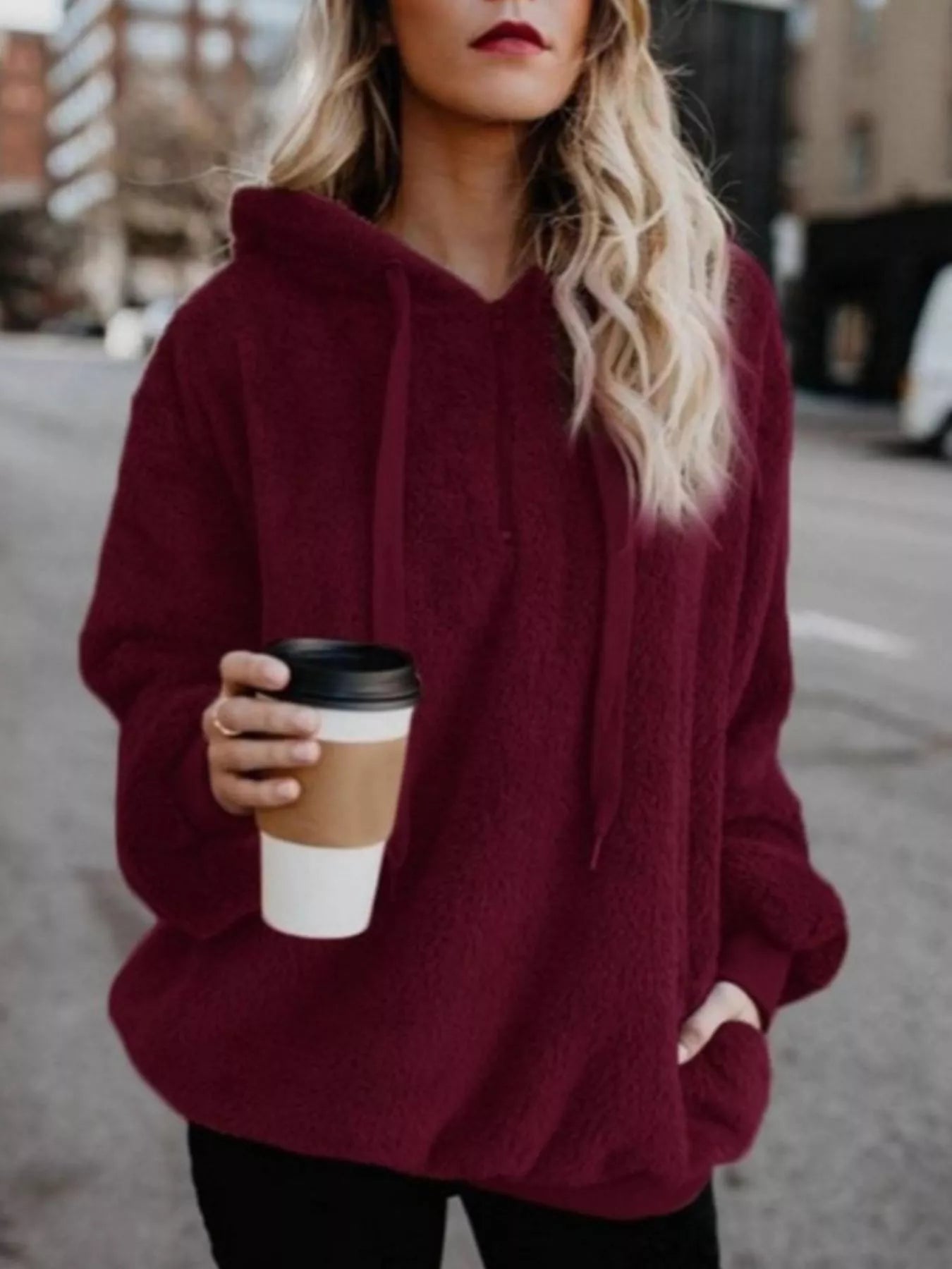 Full Size Half Zip Drawstring Fleece Hoodie Plus Size