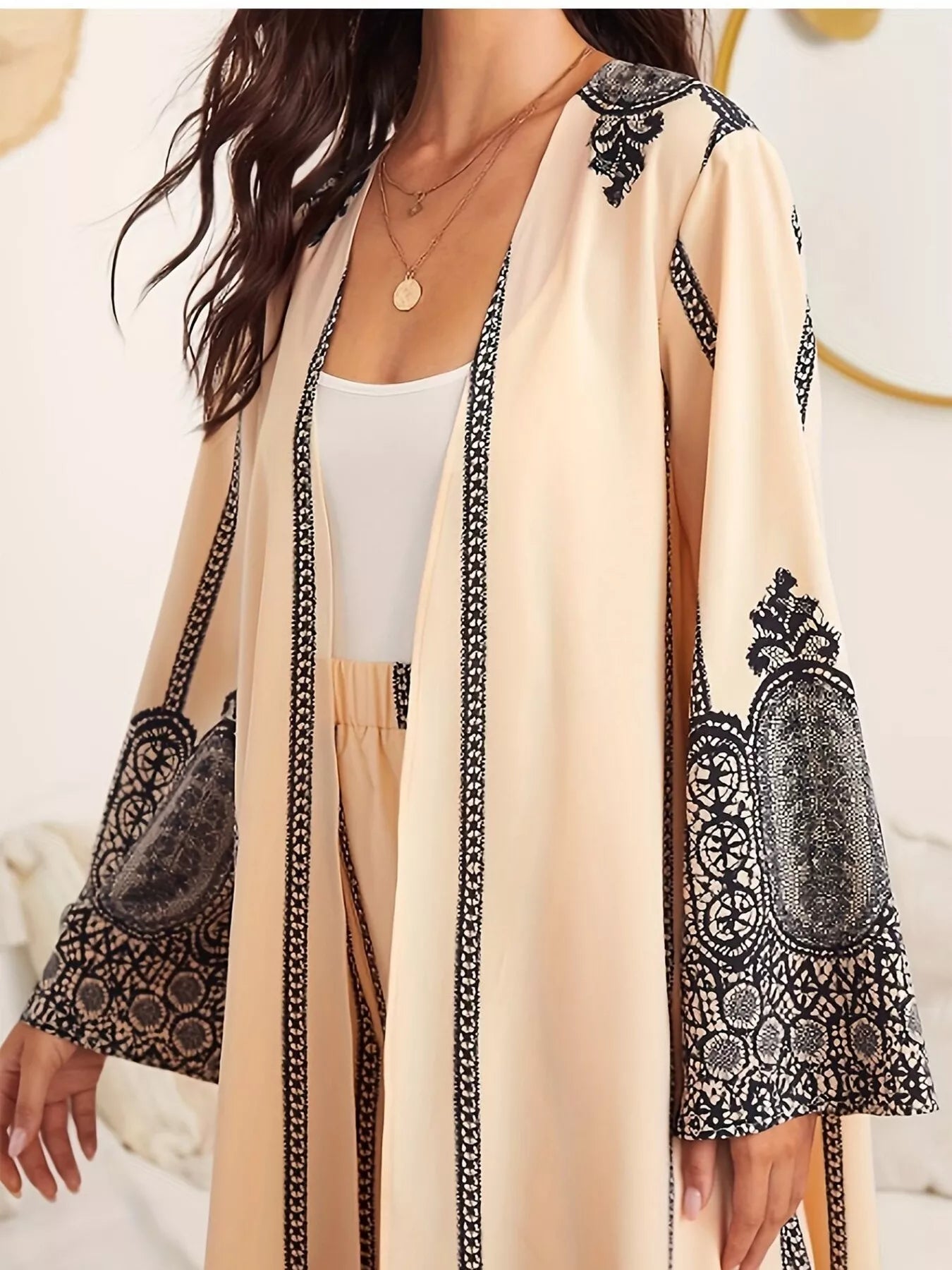 Printed Open Front Long Sleeve Cardigan & Pants Set