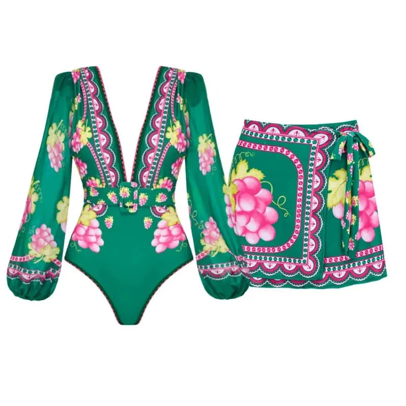 Long sleeved V-neck printed one piece swimsuit for women