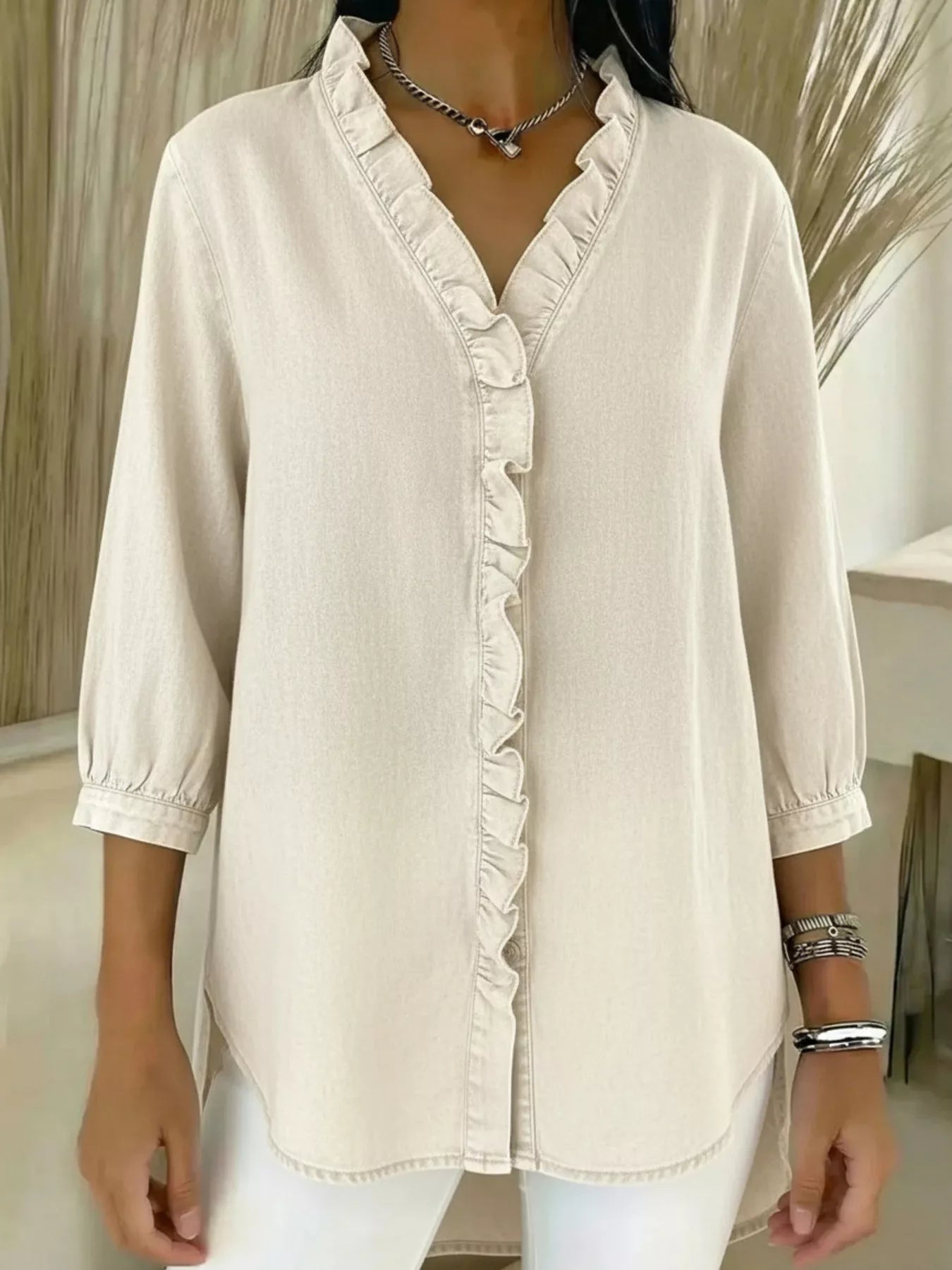 Full Size V-Neck Ruffled Button Down Shirt Plus Size