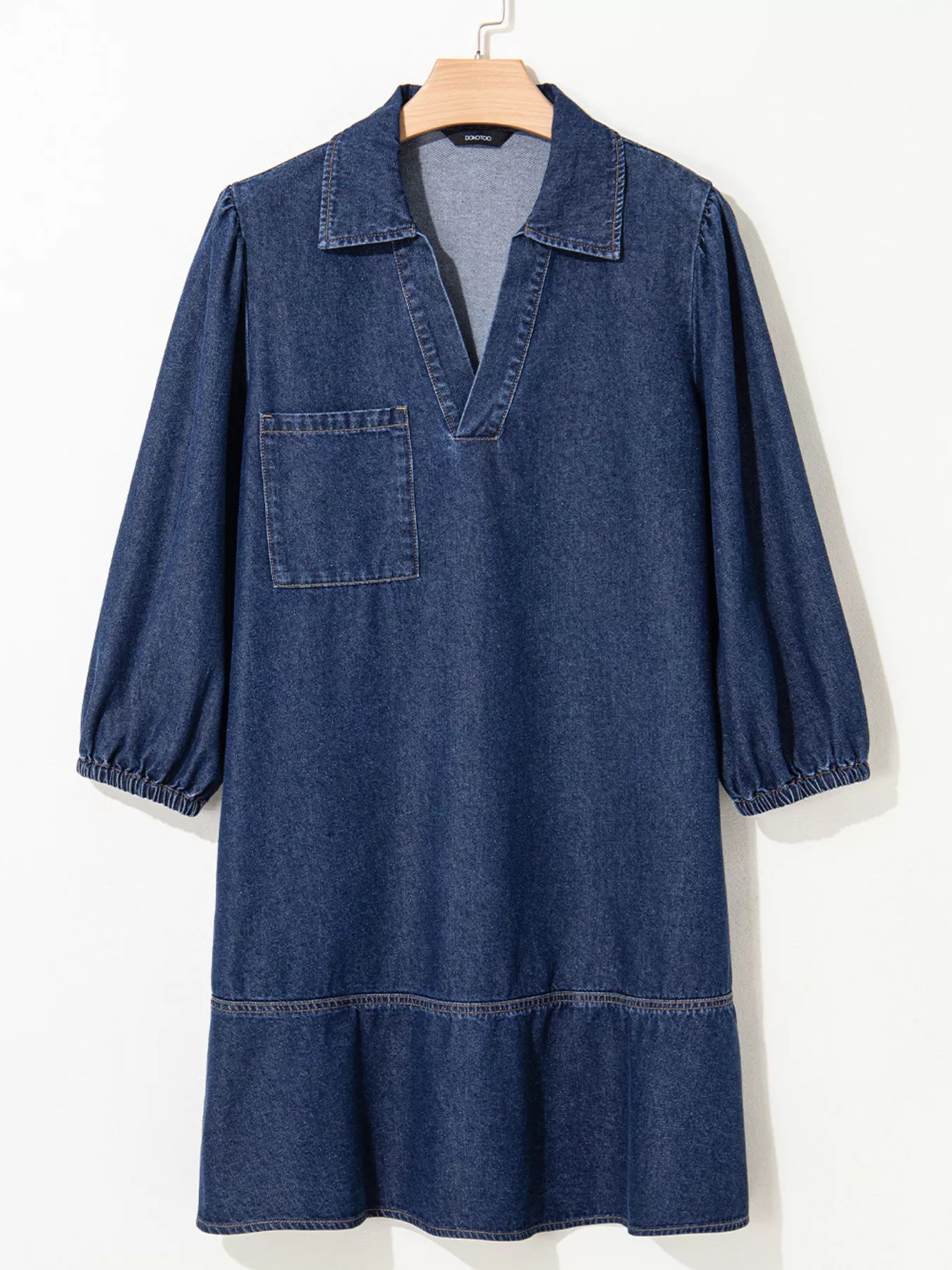 V Neck Collared Single Chest Pocket Long Sleeve Denim Dress