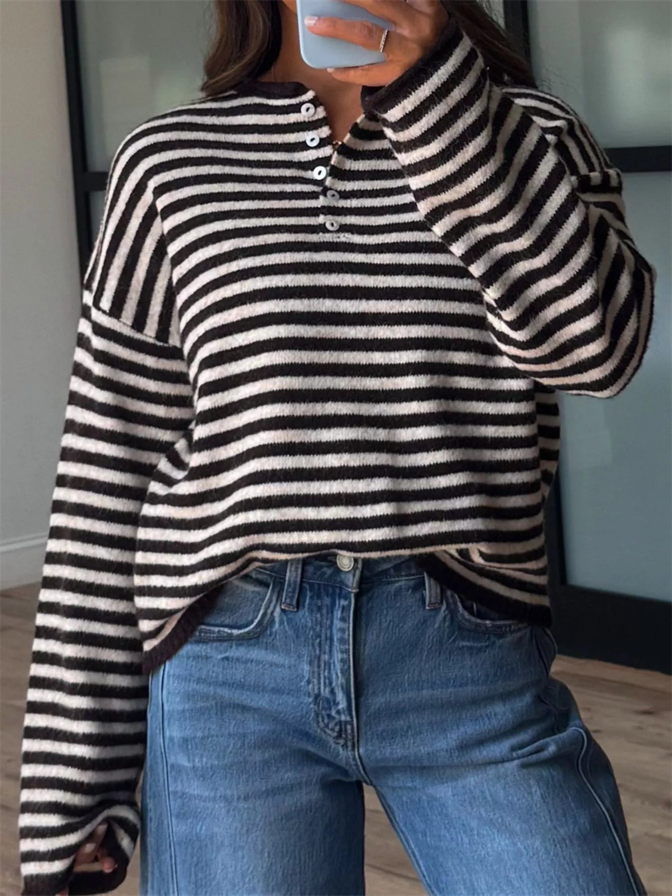 Button Detail Dropped Shoulder Striped Sweater