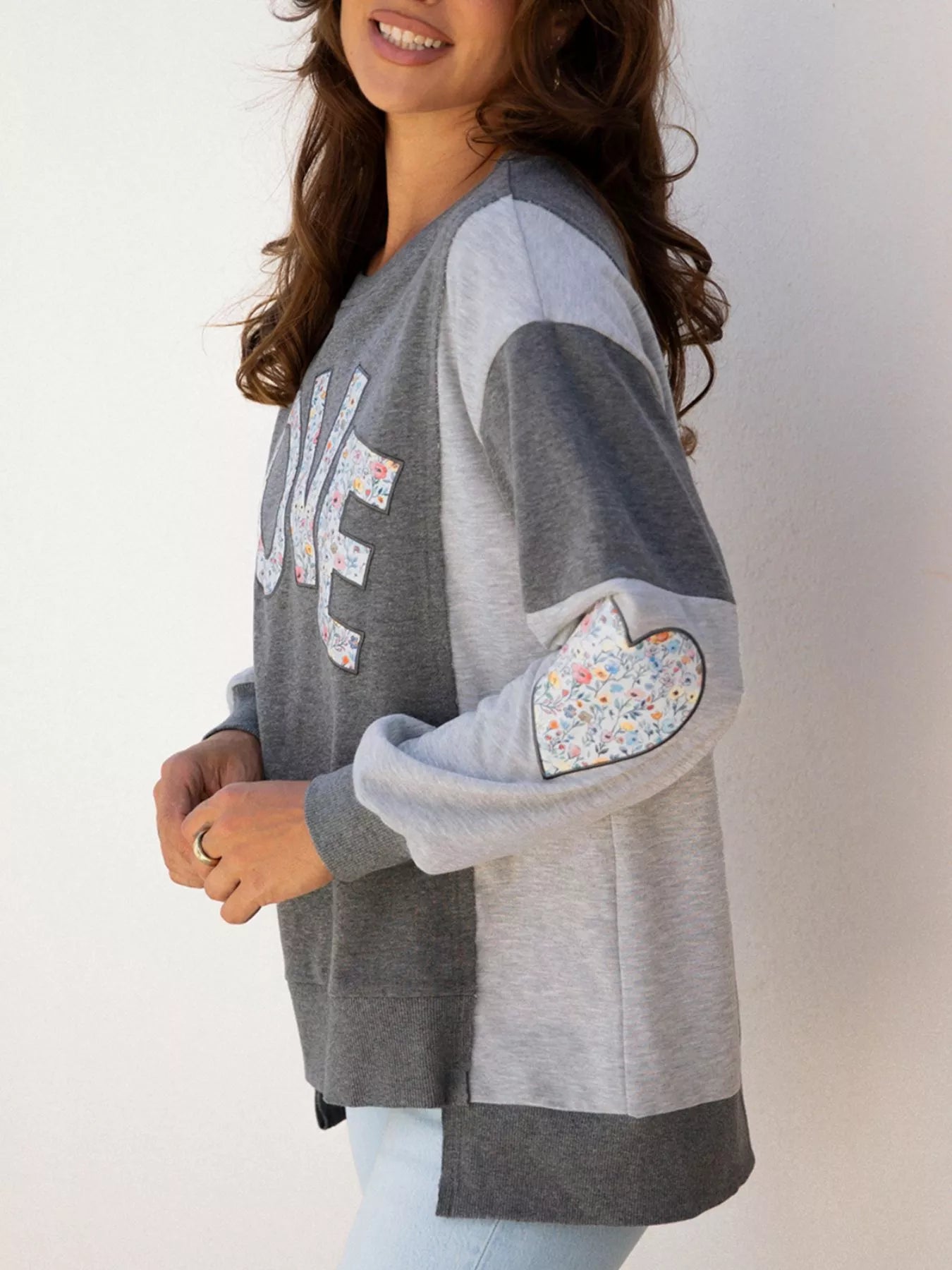 LOVE Graphic Exposed Seam Patchwork Uneven Hem Chic Sweatshirt