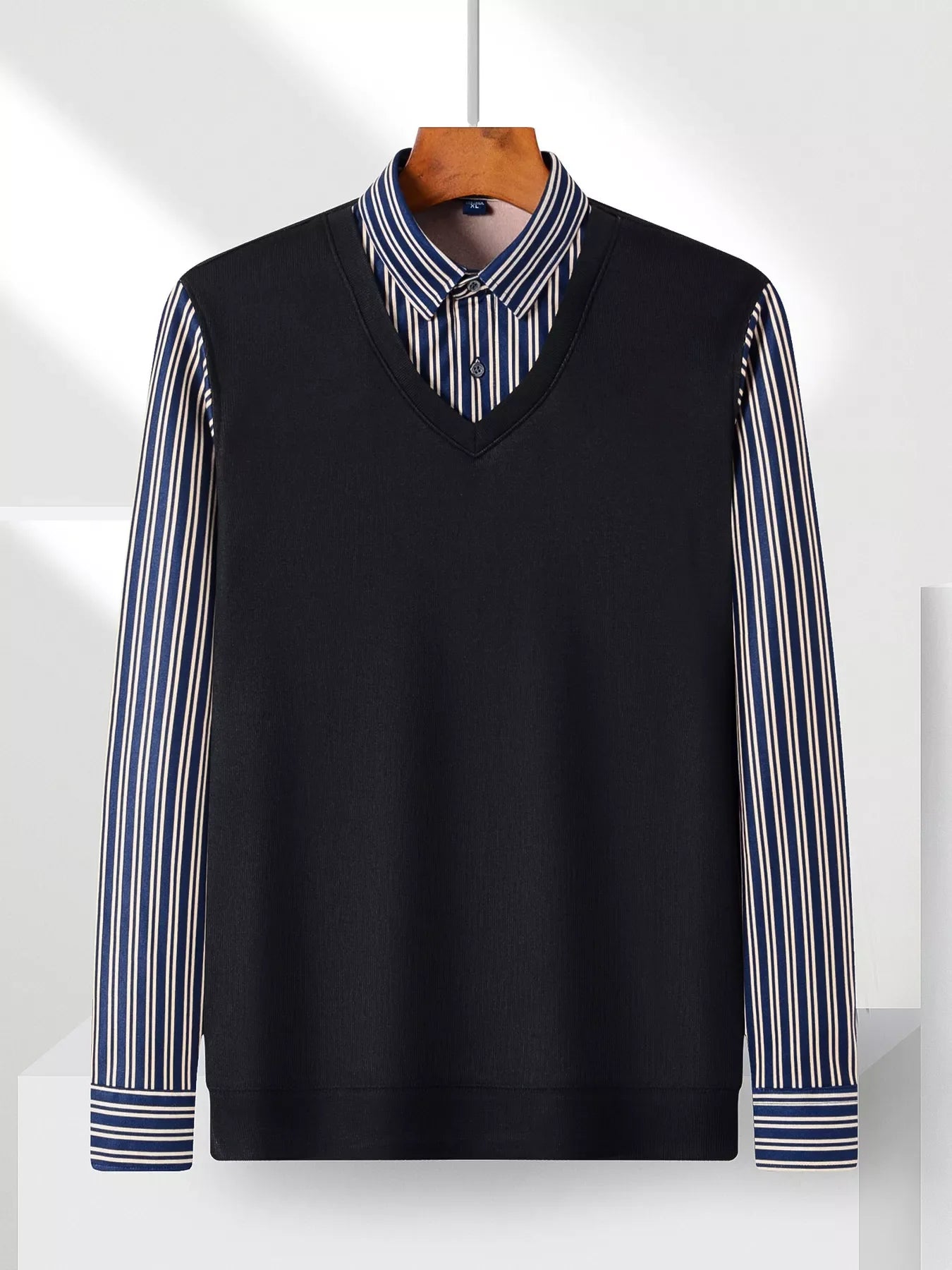 Men's Plus Size Striped Long Sleeve Fake Two-Piece Knit Top