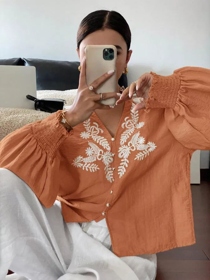 Embroidered Notched Long Sleeve Blouse