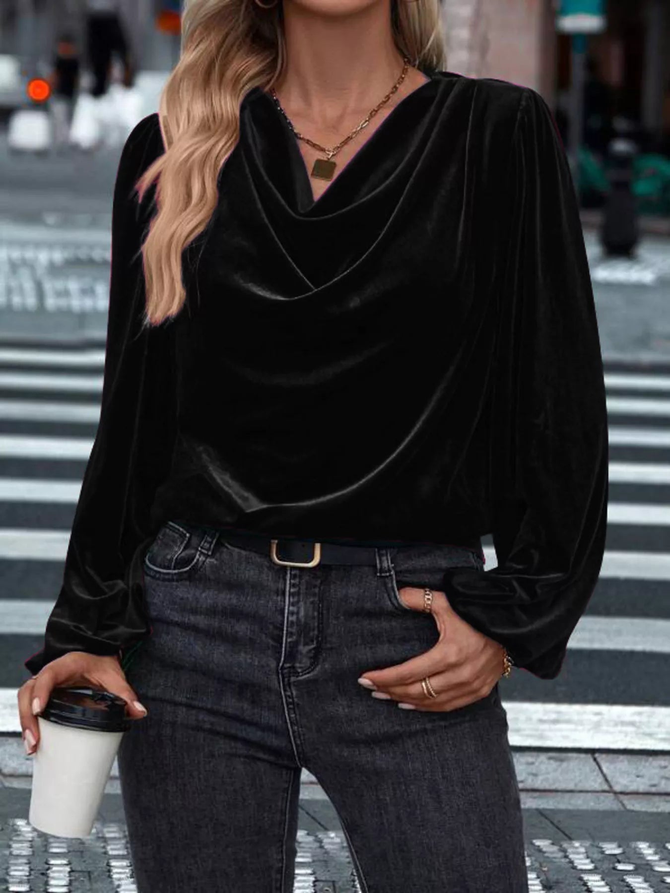Full Size Velvet Cowl Neck Blouse Plus Size