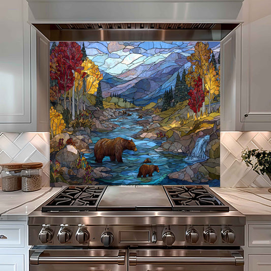 Autumn River – Tempered Glass Backsplash With Bear Family And Fall Trees