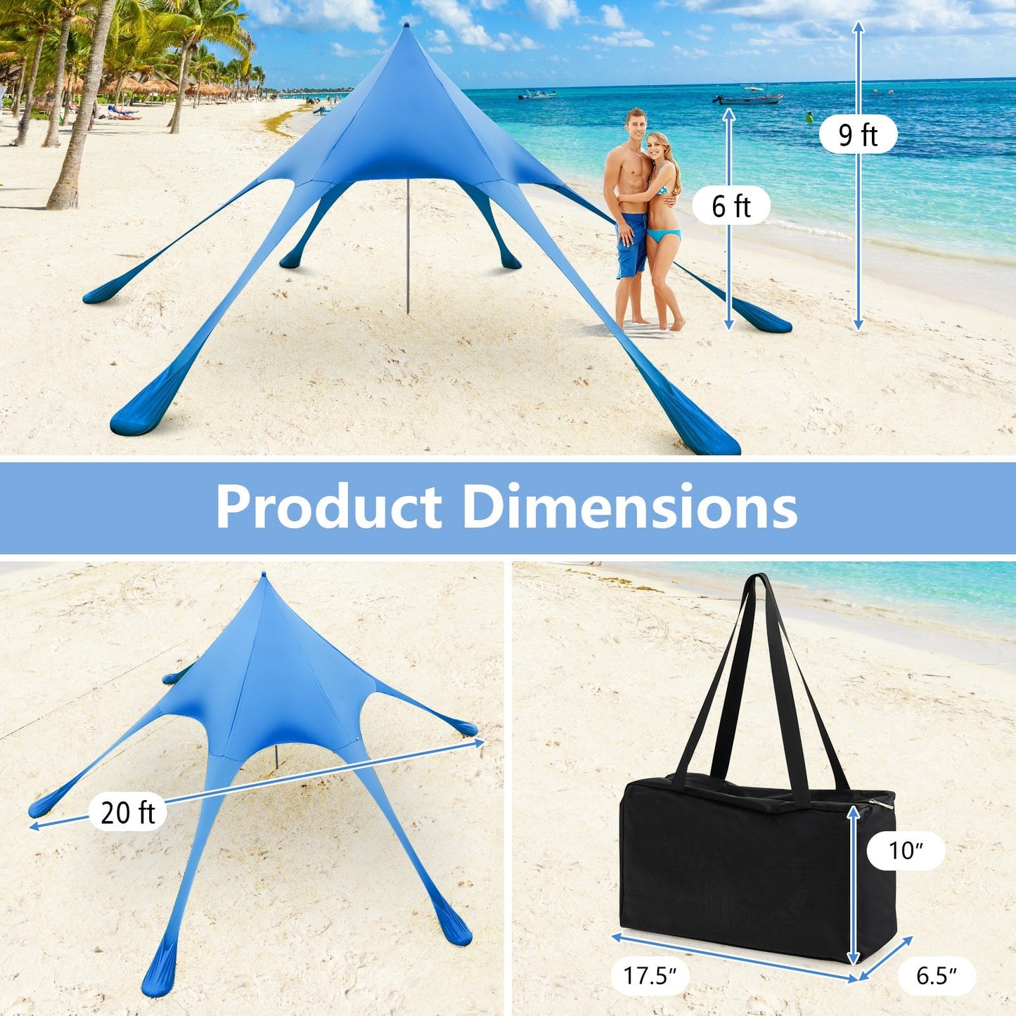 20 x 20 Feet Beach Canopy Tent with UPF50+ Sun Protection and Shovel