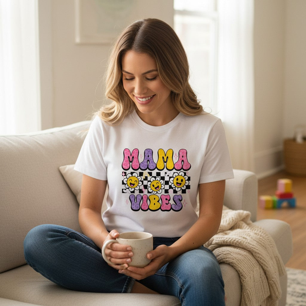 Mama Vibes Graphic T-Shirt 100% Ring-Spun Cotton Crewneck Short Sleeve