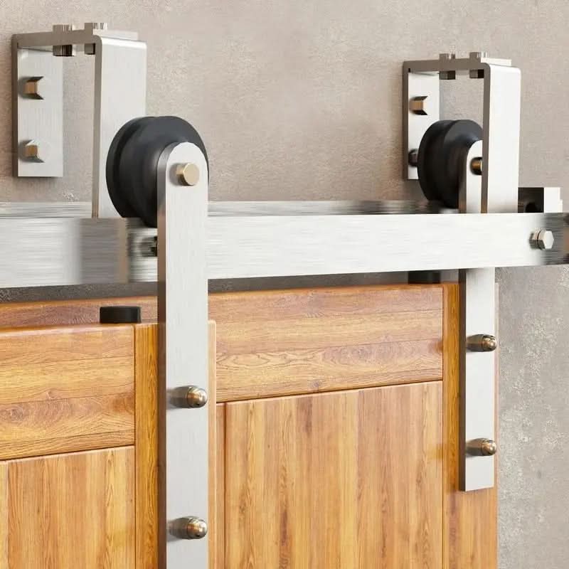 Straight Strap Brushed Nickel Double Bypass Barn Door Hardware Kit