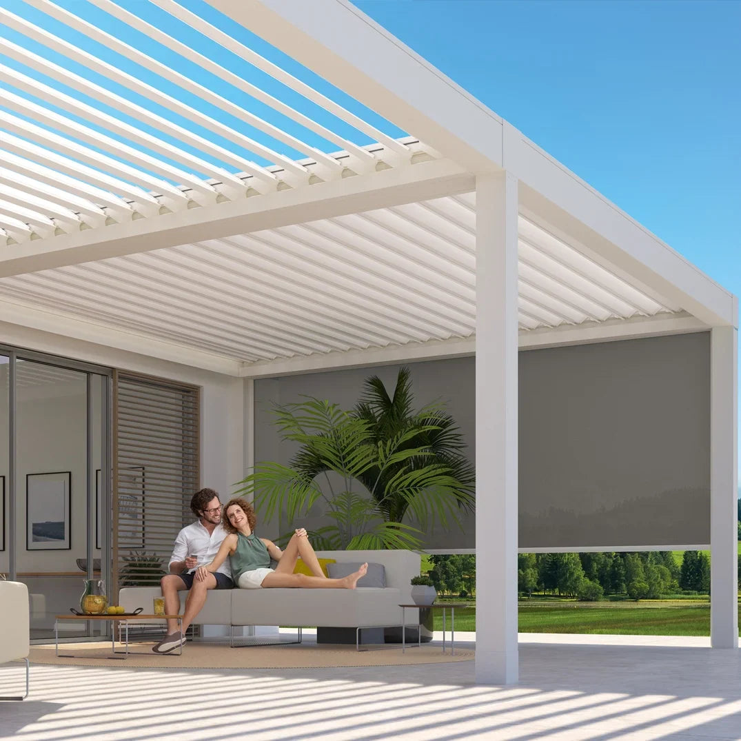Pergola with Louvers Adjustable Louver Angle Electric Control and Manual Tilt for Precise Light and Wind Control