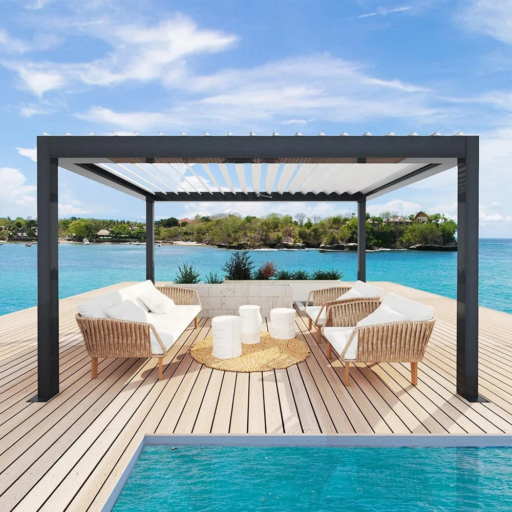 Pergola with Louvers Adjustable Louver Angle Electric Control and Manual Tilt for Precise Light and Wind Control