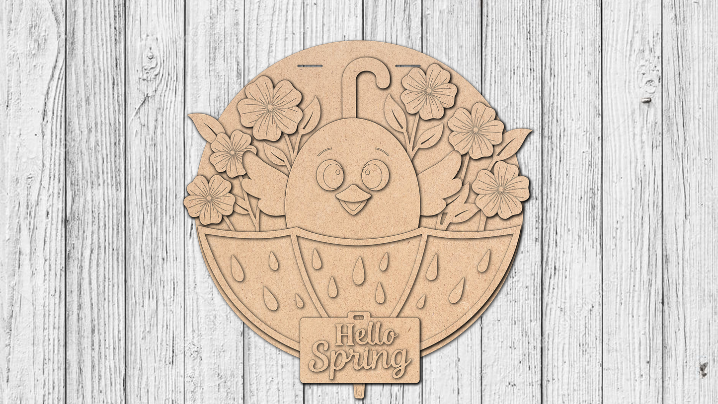 Hello Spring Umbrella Chick Door Hanger - DIY Unfinished Kit - Lvl 2