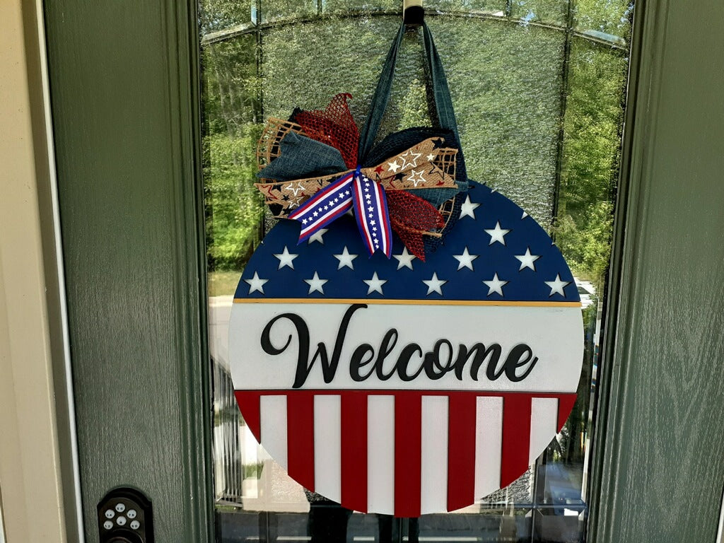Patriotic Stars and Stripes Flag Welcome Door Hanger