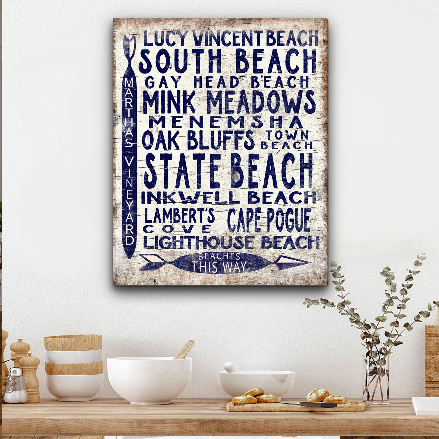 Martha's Vineyard Beaches Sign - Vintage Wood Look Vineyard Arrow Sign
