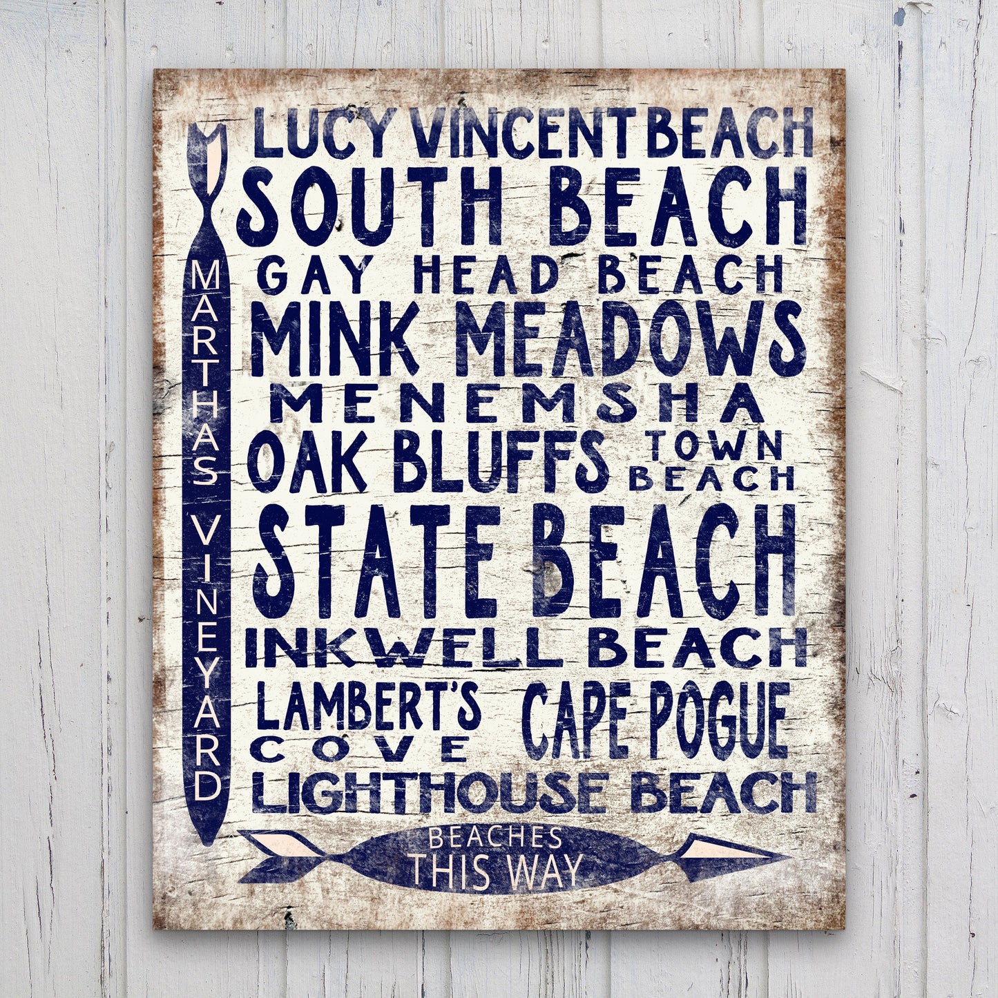 Martha's Vineyard Beaches Sign - Vintage Wood Look Vineyard Arrow Sign