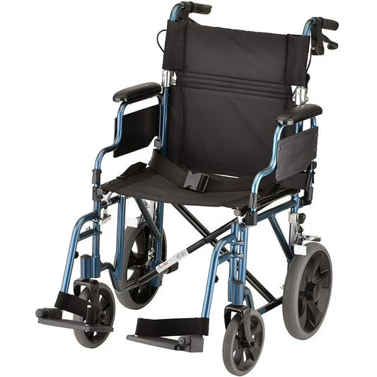 NOVA Lightweight Transport Wheelchair, 12" Rear Wheels, Removable Flip-Up Arms, Anti-Tippers Included, Blue