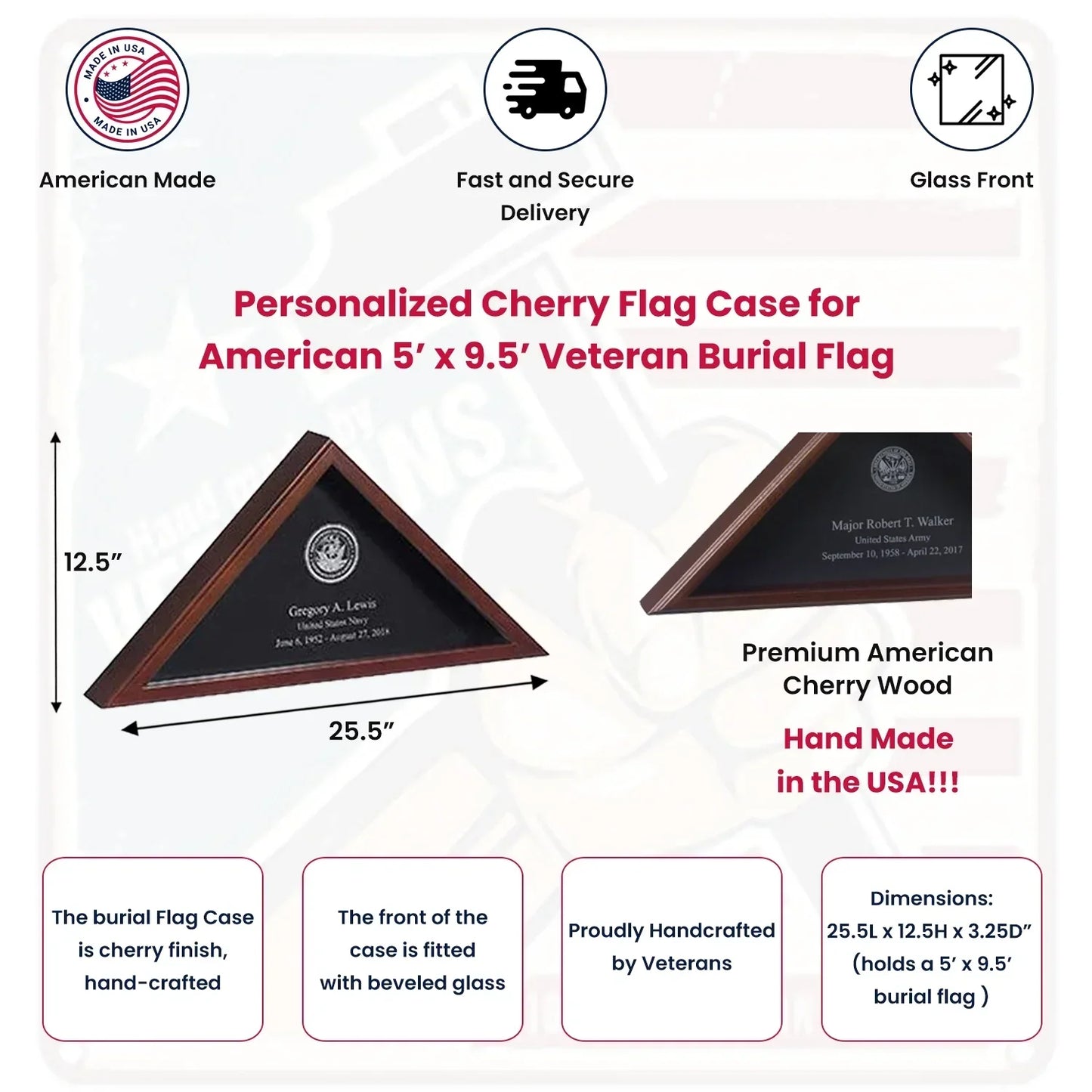 US Military Personalized Cherry Flag Case for American 5’x9.5’ Veteran Burial Flag