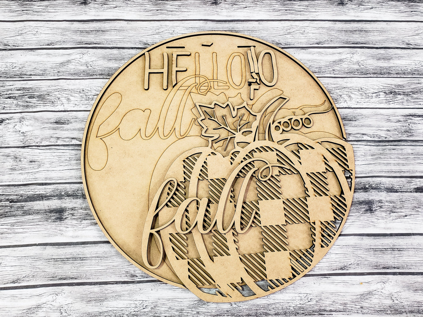 3D HELLO fall with Buffalo Plaid Pumpkin Door Hanger Unfinished Kit