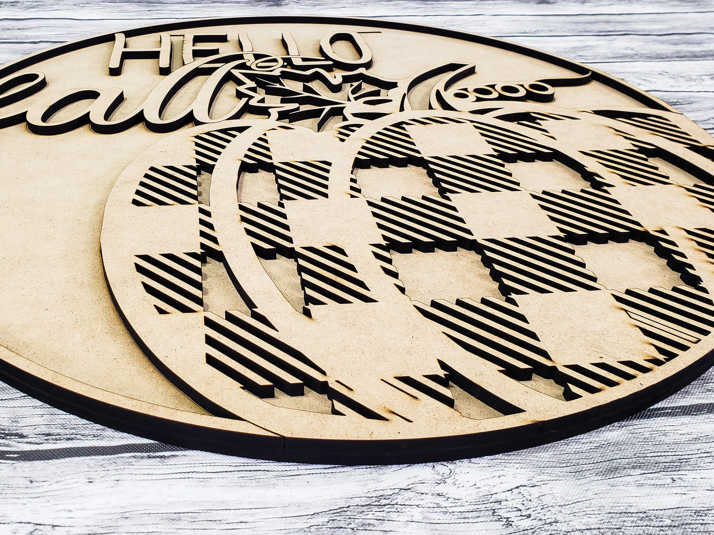 3D HELLO fall with Buffalo Plaid Pumpkin Door Hanger Unfinished Kit