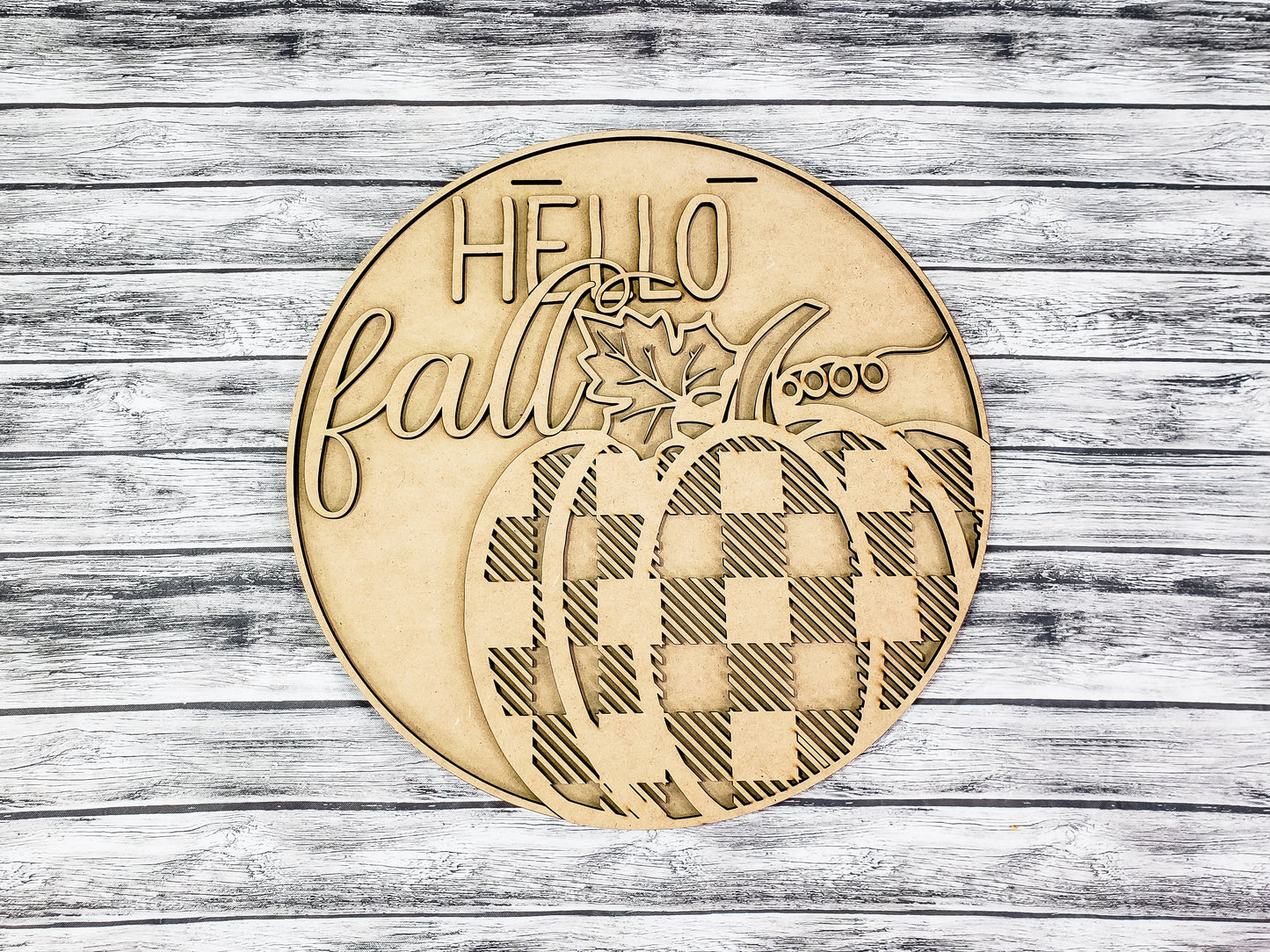 3D HELLO fall with Buffalo Plaid Pumpkin Door Hanger Unfinished Kit