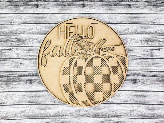 3D HELLO fall with Buffalo Plaid Pumpkin Door Hanger Unfinished Kit