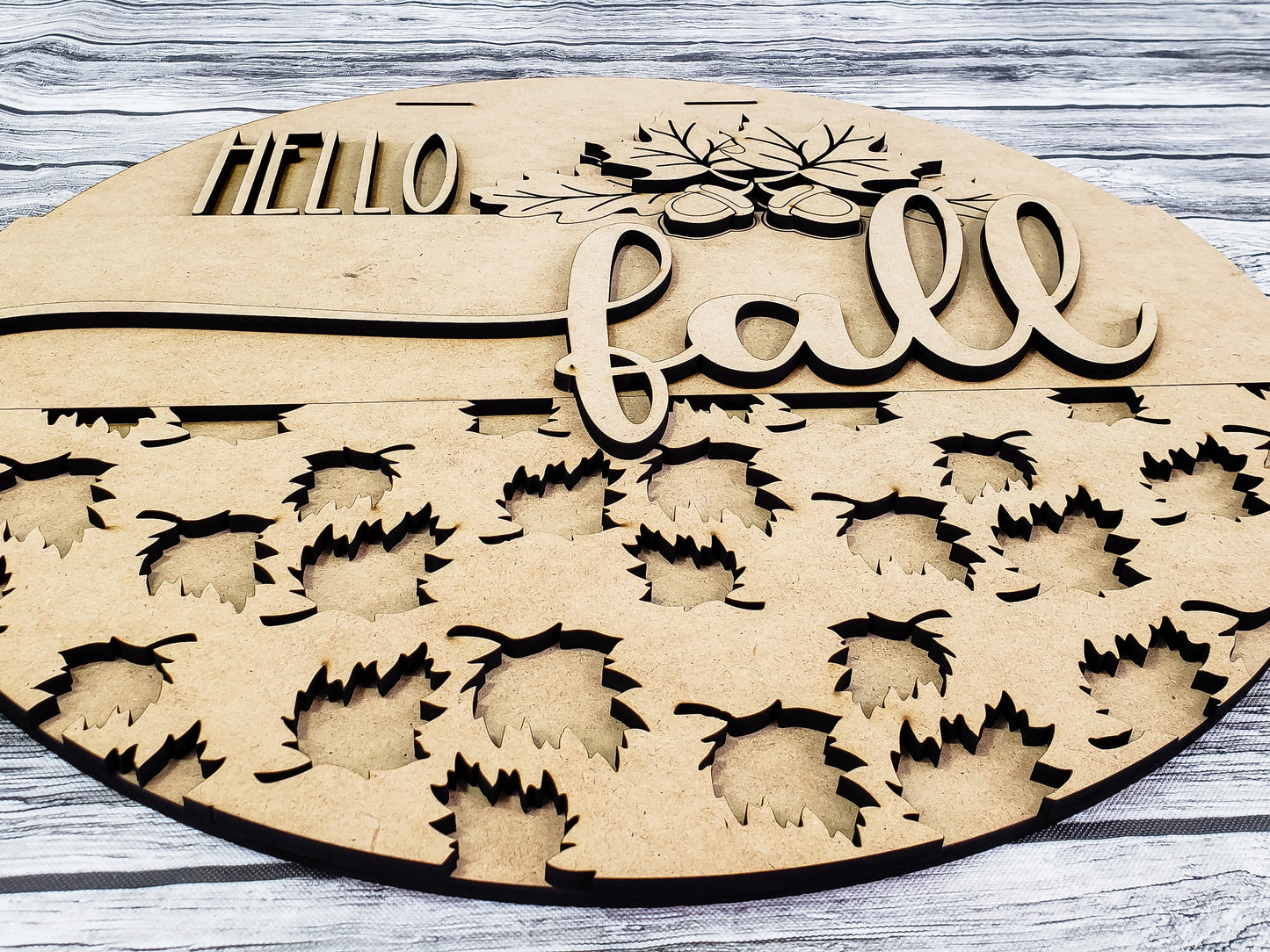 3D HELLO fall with Leaves Acorns and Leaf Overlay Door Hanger Unfinished Kit