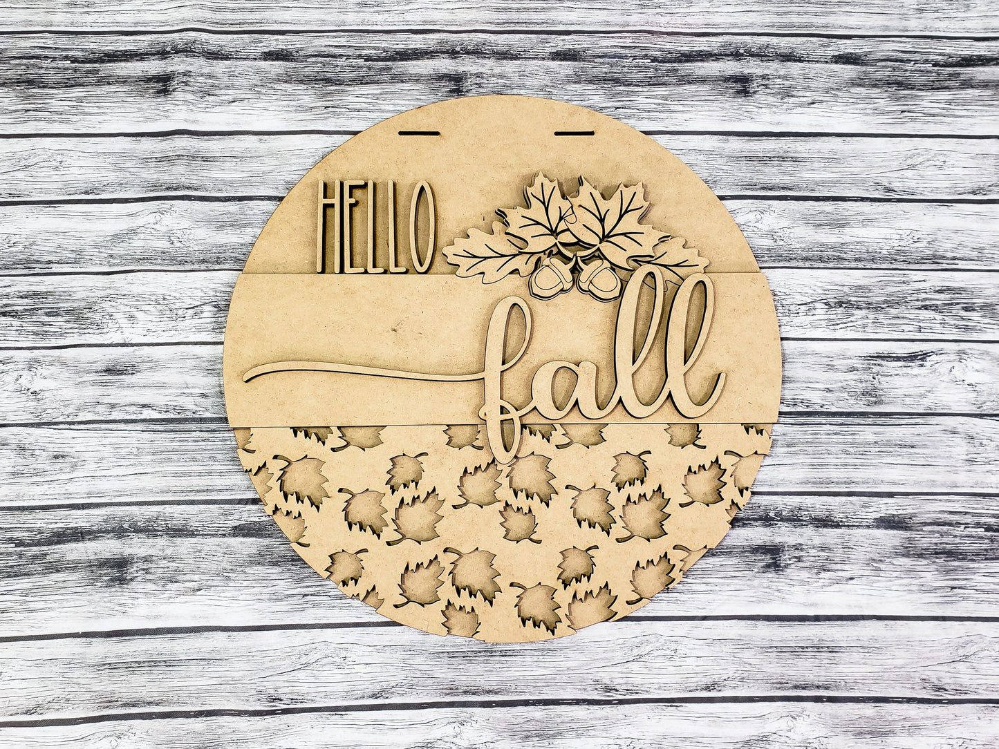 3D HELLO fall with Leaves Acorns and Leaf Overlay Door Hanger Unfinished Kit