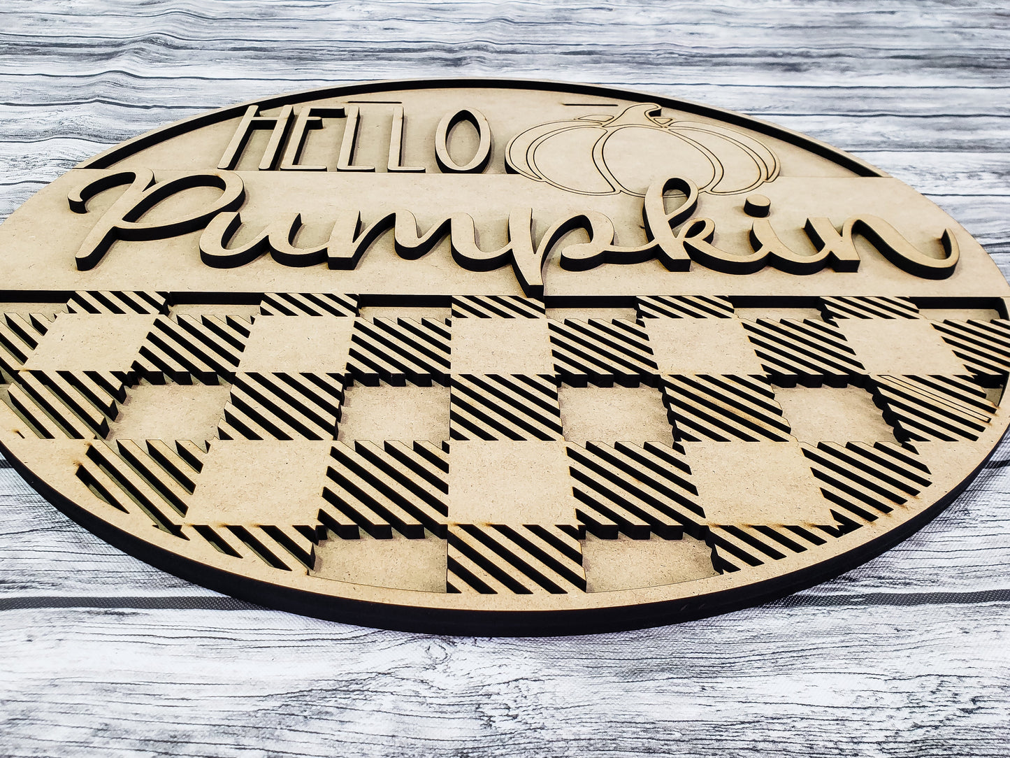 HELLO Pumpkin with Buffalo Plaid Overlay Door Hanger Unfinished Kit