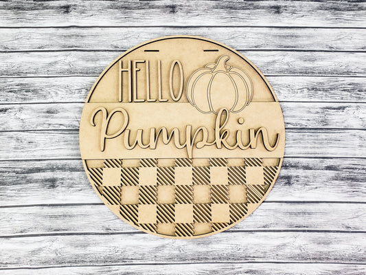 HELLO Pumpkin with Buffalo Plaid Overlay Door Hanger Unfinished Kit