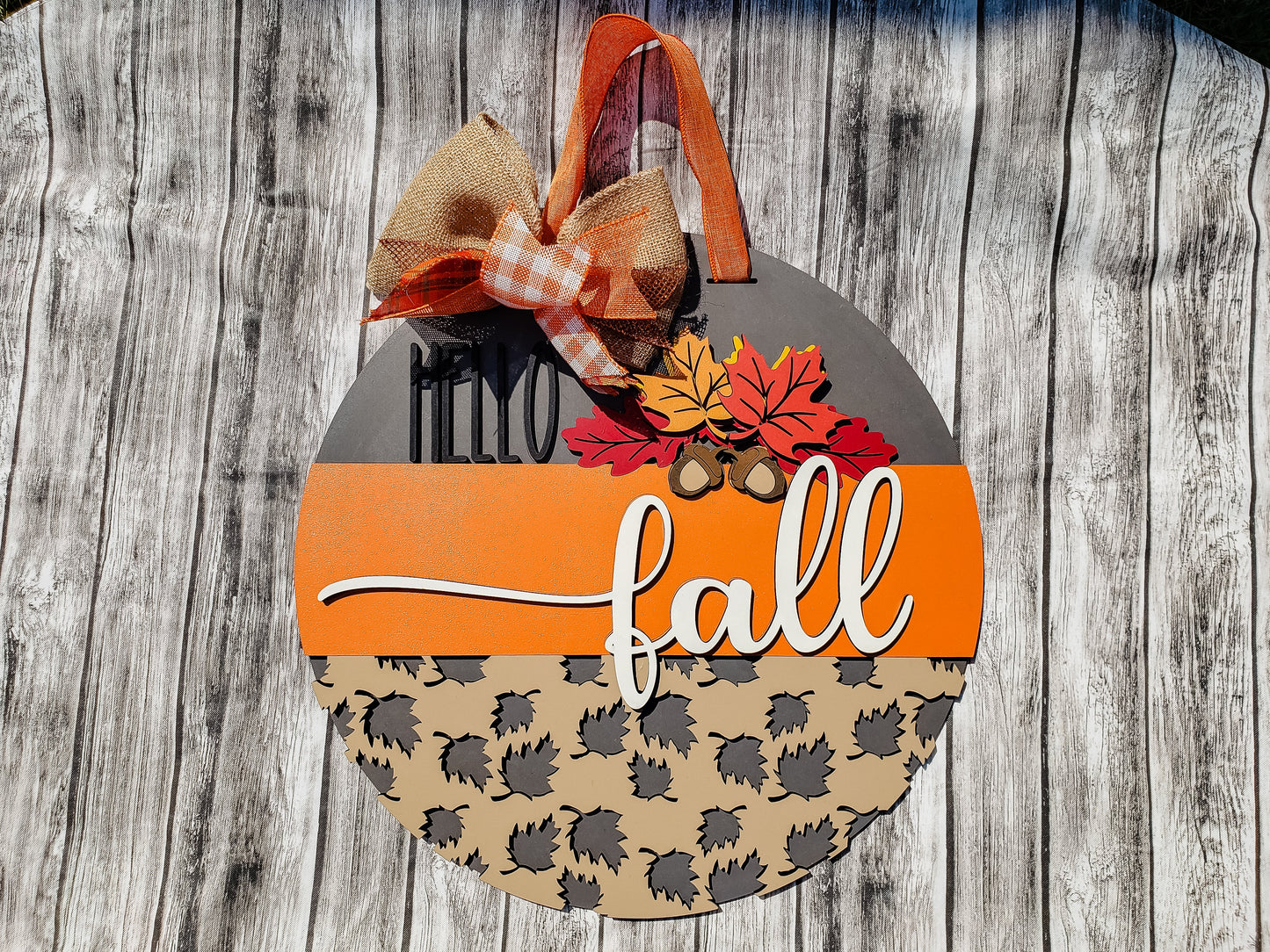 3D HELLO fall with Leaves Acorns and Leaf Overlay Door Hanger Unfinished Kit