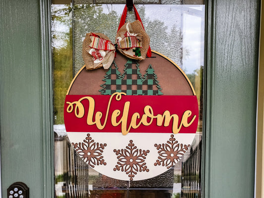 Welcome Buffalo Plaid Pine Tree and Snowflakes - Red