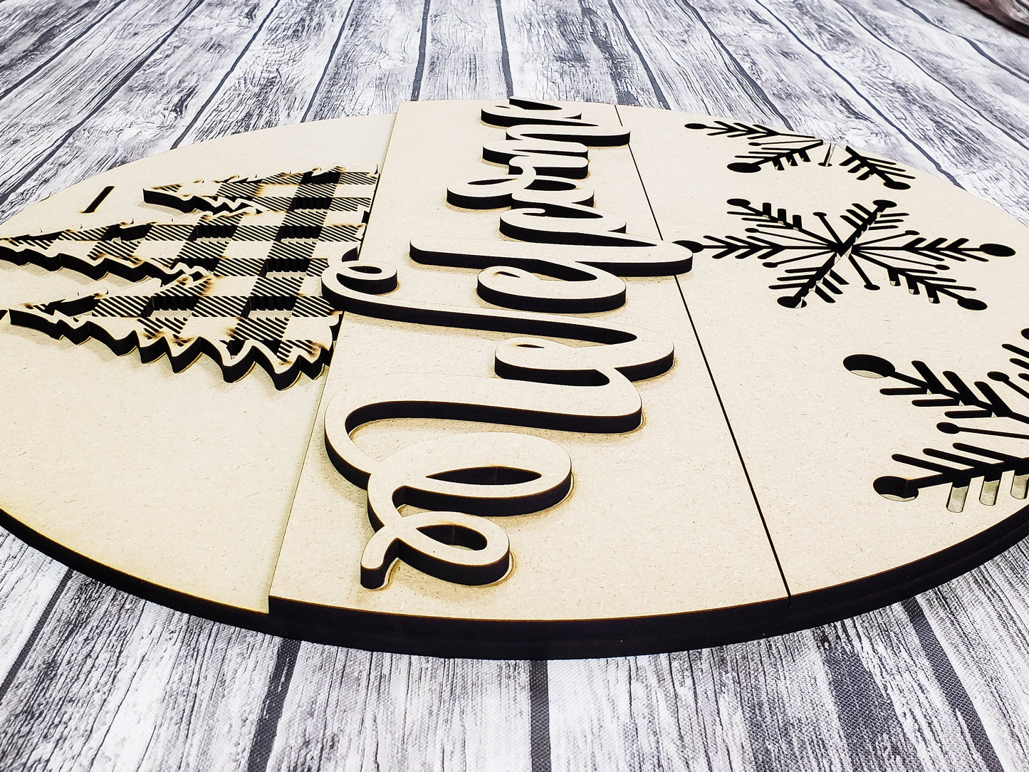 Welcome Buffalo Plaid Pine Tree and Snowflakes Door Hanger Unfinished Kit