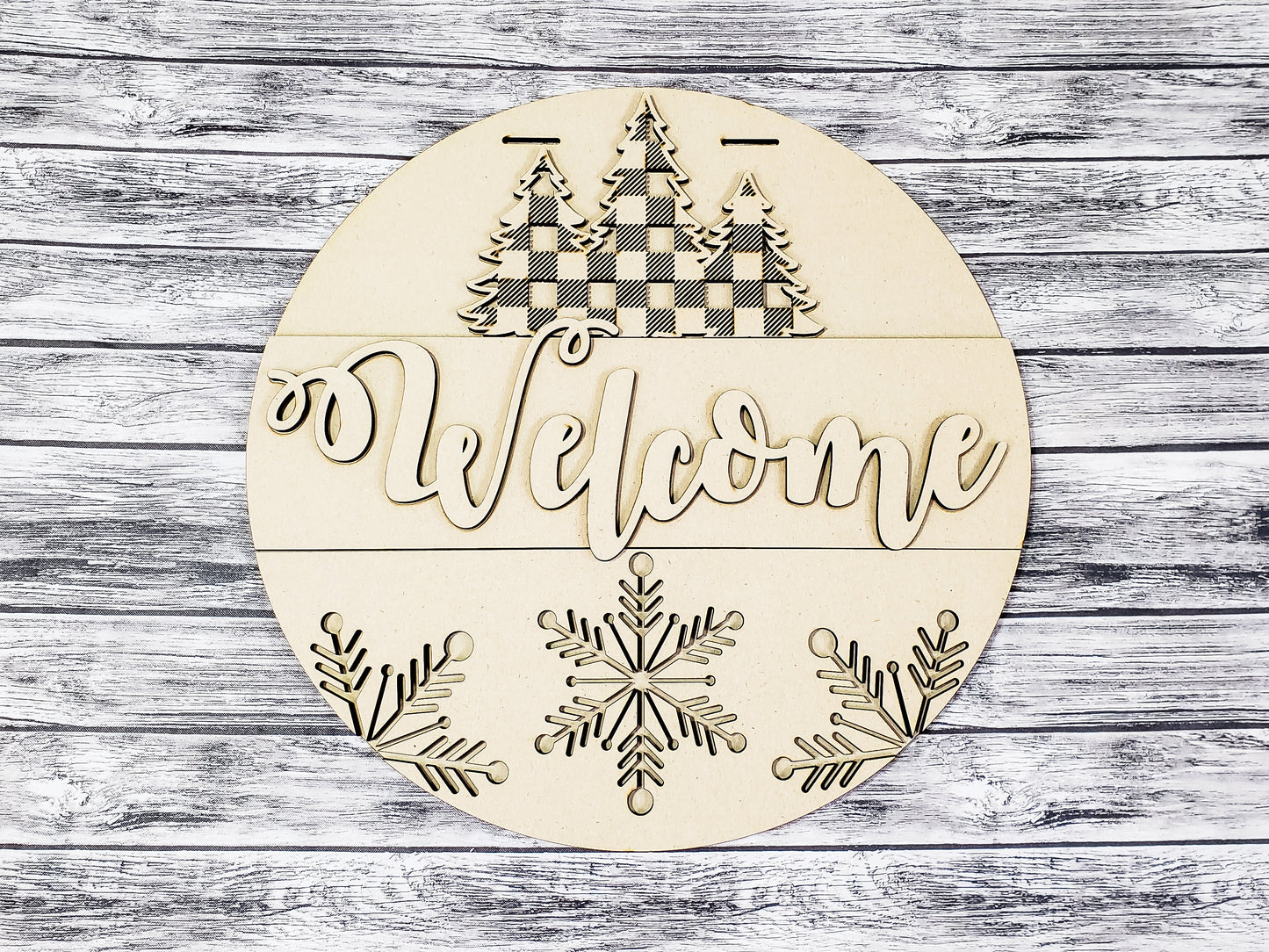 Welcome Buffalo Plaid Pine Tree and Snowflakes Door Hanger Unfinished Kit