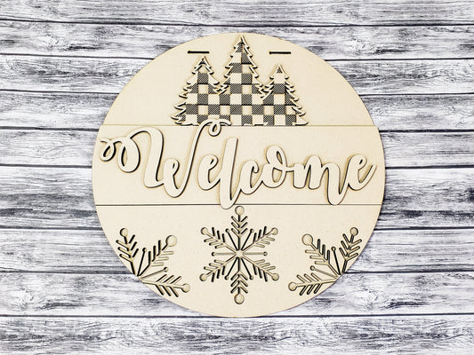 Welcome Buffalo Plaid Pine Tree and Snowflakes Door Hanger Unfinished Kit