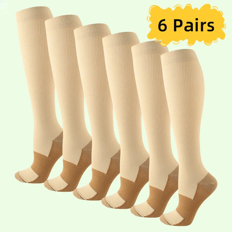 6 pairs copper fiber compression Unisex socks for running and traveling nurses and pregnant women mid-calf design