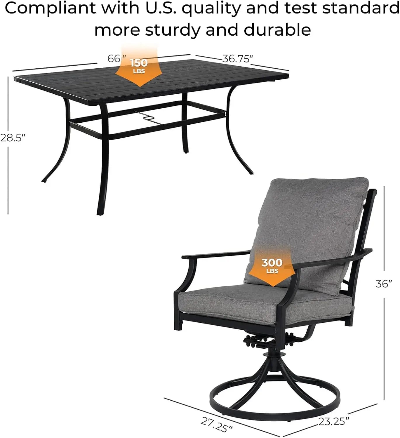 7-Piece Patio Dining Set for 6, Outdoor Swivel Chairs with Olefin Cushions &  Black Rectangular Faux Woodgrain Dining Table
