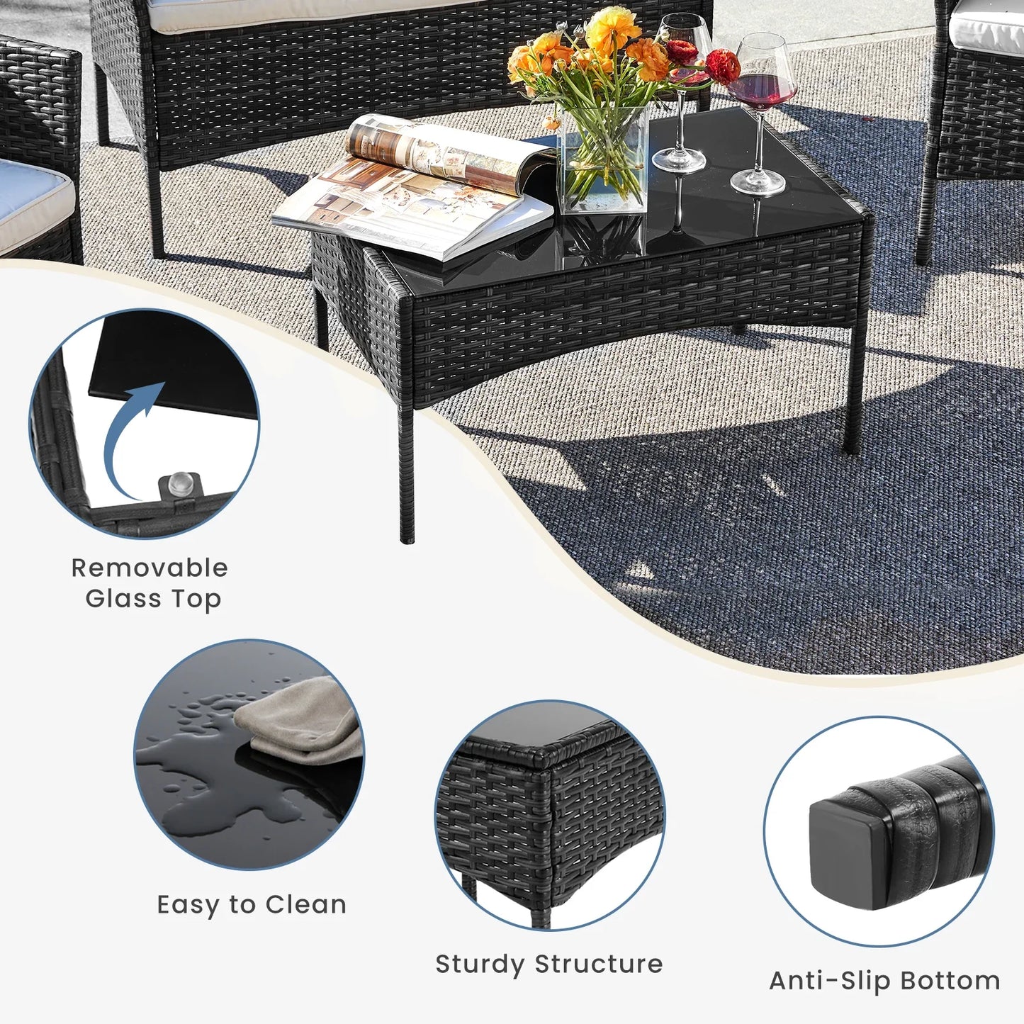 4 Piece Outdoor Patio Furniture Set with Soft Cushion and Glass Table Manual Weaving Wicker Rattan Patio Chairs For Garden
