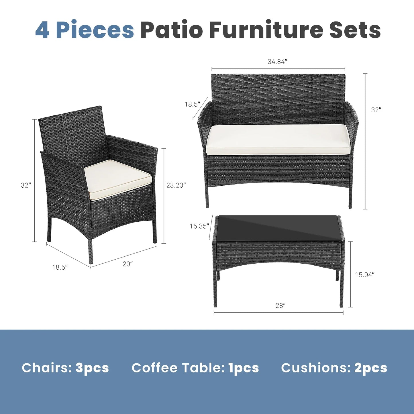 4 Piece Outdoor Patio Furniture Set with Soft Cushion and Glass Table Manual Weaving Wicker Rattan Patio Chairs For Garden